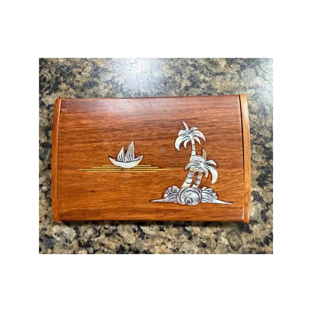 Vintage Wood Mother of Pearl Inlay Business Card Holder Case‎ Tropical Palm Tree